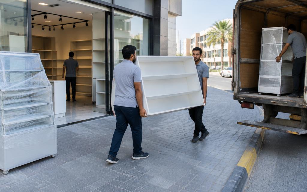 Workers carrying shop fixtures toward a truck outside a storefront