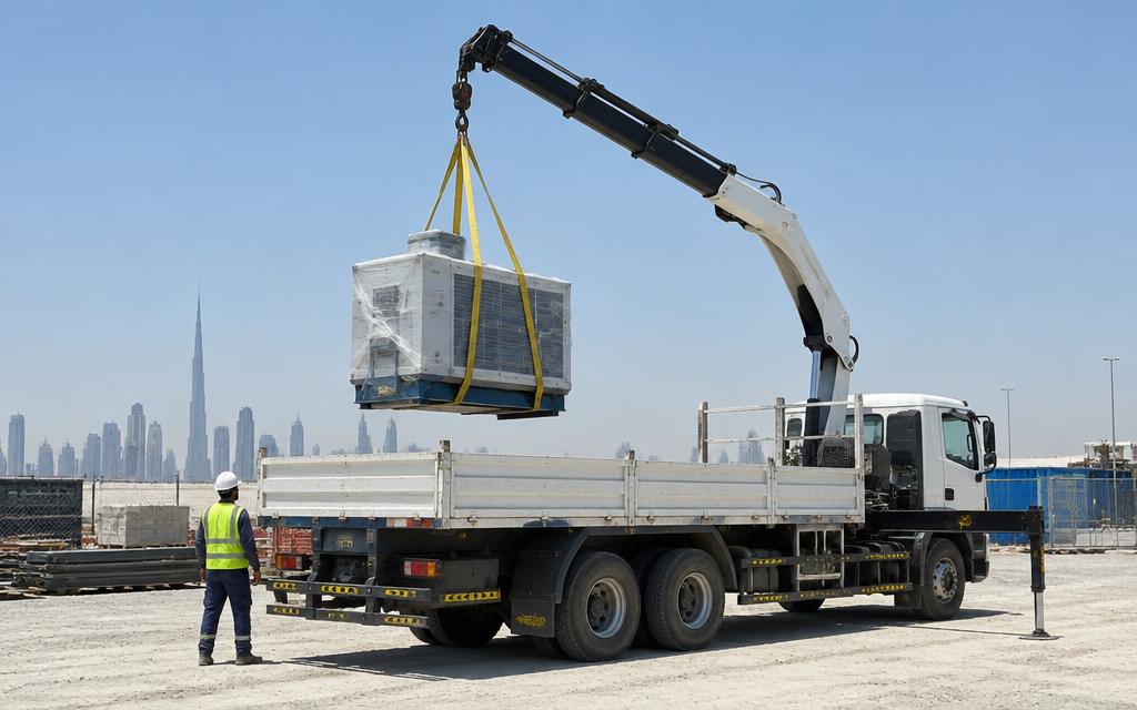 Crane pickup lifting wrapped equipment onto its flatbed