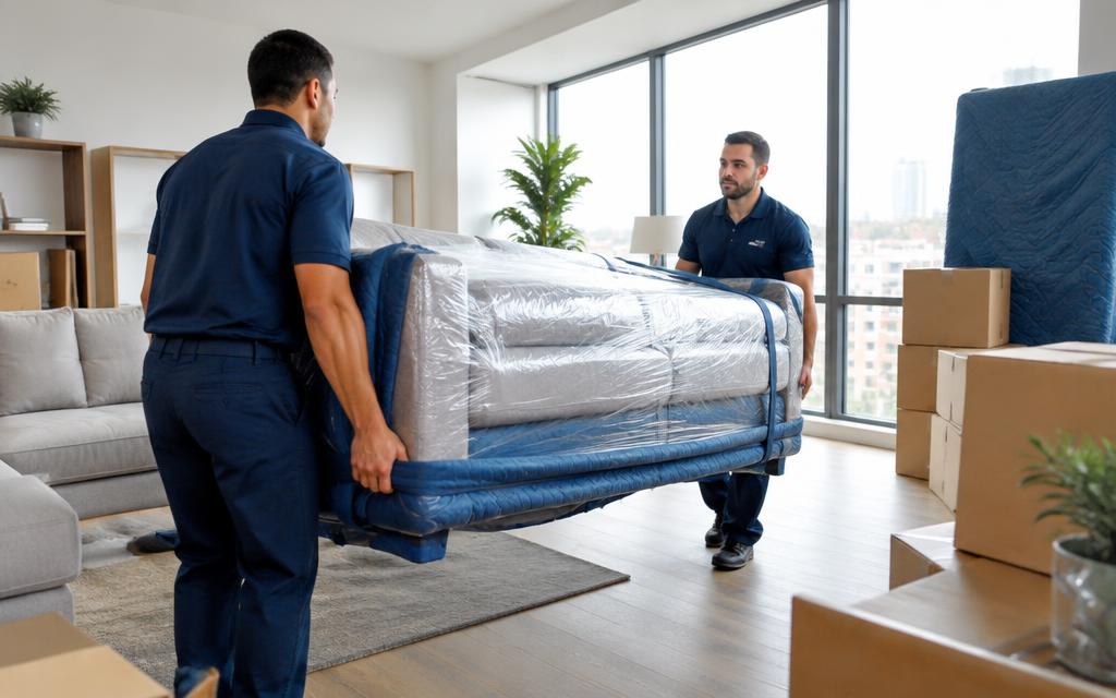 Movers carrying a wrapped sofa from an apartment