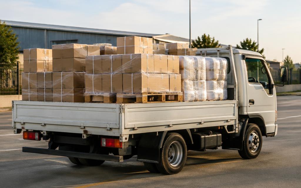 Pickup truck loaded with stacked cartons and wrapped goods