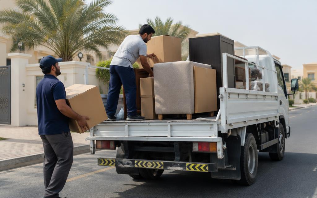 Helpers loading boxes and furniture into a pickup truck bed